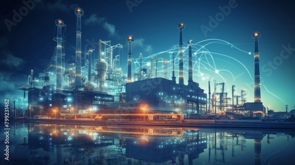 Fototapeta Modern factory, communication network. Telecommunication. IoT, Internet of Things, ICT, Information communication Technology,. Smart factory. Digital transformation, cloud connecting, generate by AI