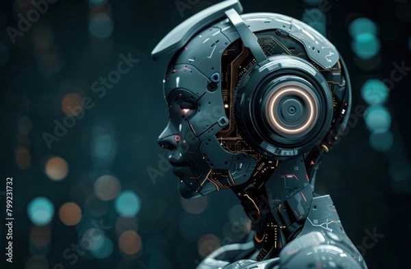 Fototapeta 3D rendering. Robot wearing futuristic headphones. Artificial intelligence concept