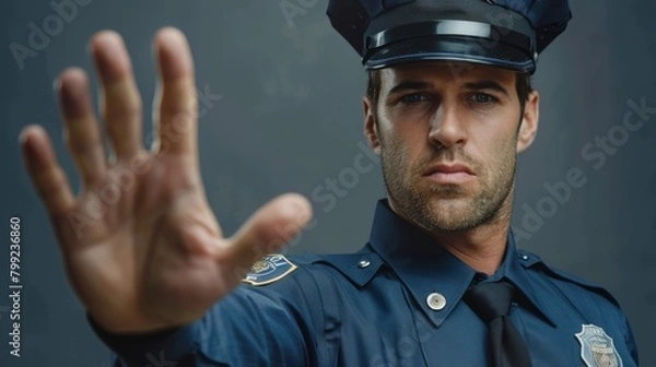 Obraz Commanding Police Officer in Uniform Giving Stop Gesture, Authority and Law Enforcement in Action