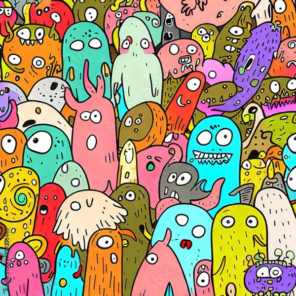 Fototapeta Many monsters, doodle art style, colorful, illustration generated by Ai