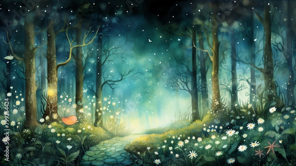 Fototapeta Compose a whimsical watercolor illustration of a forest filled with fairy tale creatures hidden among the trees