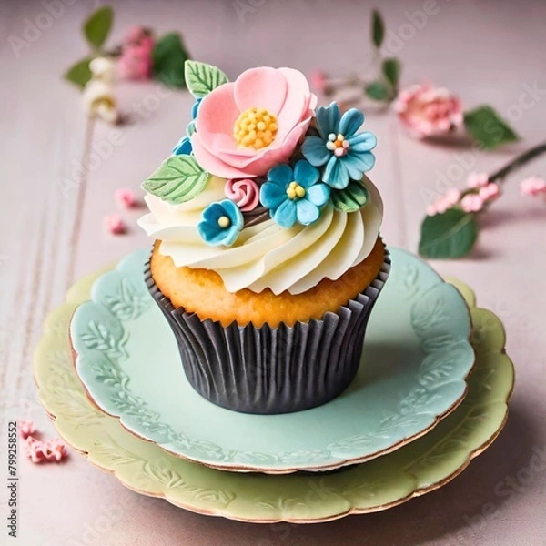 Obraz Cupcake with floral decorations 
