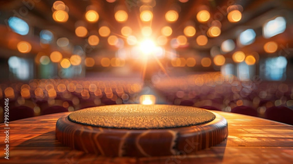 Fototapeta Close-up of a wooden podium in an auditorium with golden bokeh lights in the background
