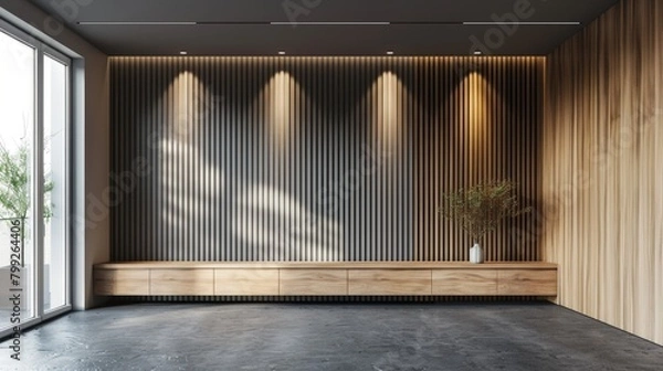 Fototapeta Modern Empty Room with Gray Slat Wall and Wooden Cabinet Generative AI