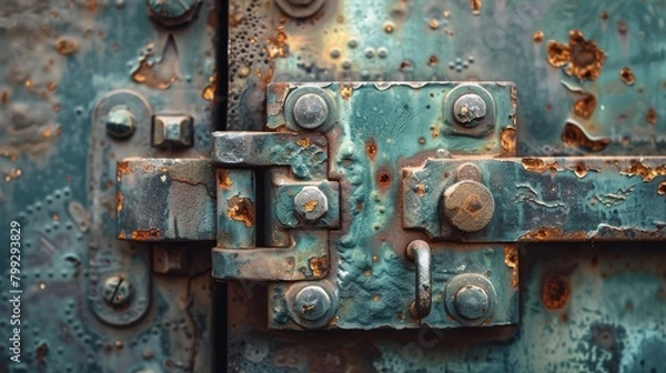 Fototapeta Intimate close-up of a heavy-duty door lock, emphasizing its strong metal components and secure locking features