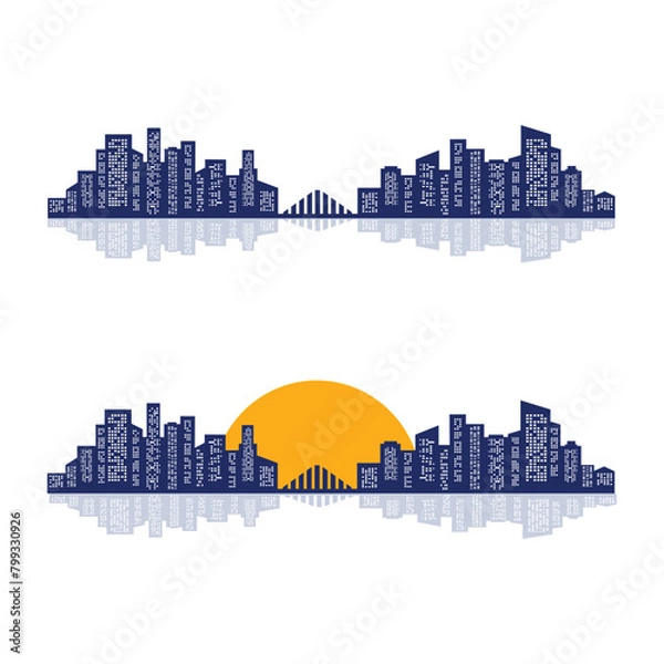 Fototapeta City architecture vector illustration, skyline city silhouette, skyscraper, flat design with reflection in water. Skyscrapers in big city at sunset. Bridge at sunset. City skyline silhouette.
