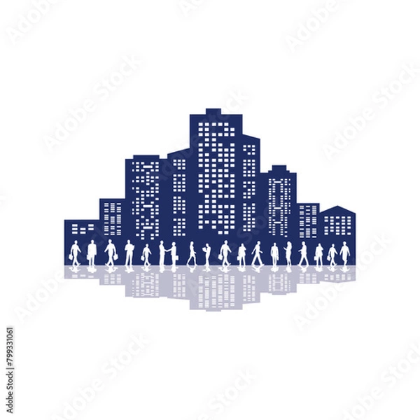 Fototapeta Vector city skyline with modern buildings silhouette with reflection in water and  working business people. Vector illustration. City skyline silhouette.