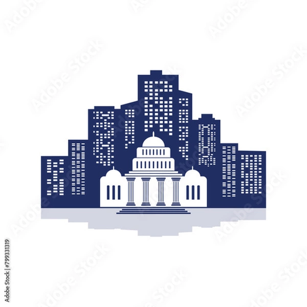 Fototapeta Bank, museum, post office, school, university or library  in city skyline with modern buildings silhouette with reflection in water. Vector illustration.