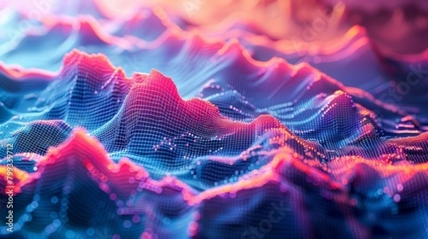 Fototapeta A glowing 3D landscape with blue and pink colors.