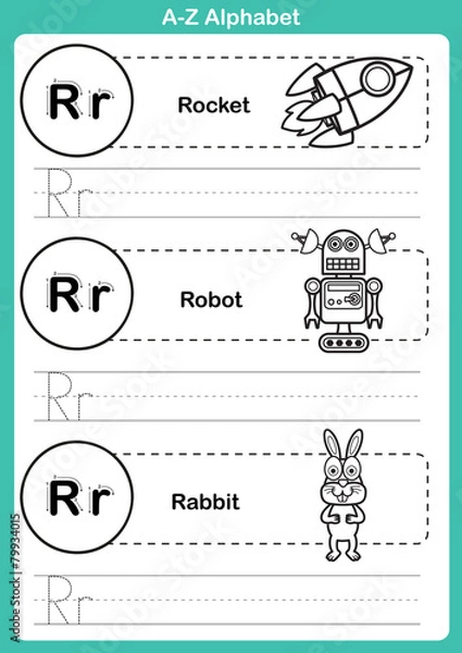 Fototapeta Alphabet a-z exercise with cartoon vocabulary for coloring book