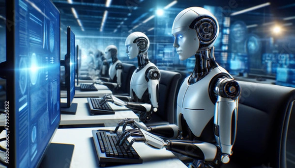 Fototapeta  Sleek, matte white AI artificial intelligence robots typing on computer keyboards IT call center help desk wallpaper background