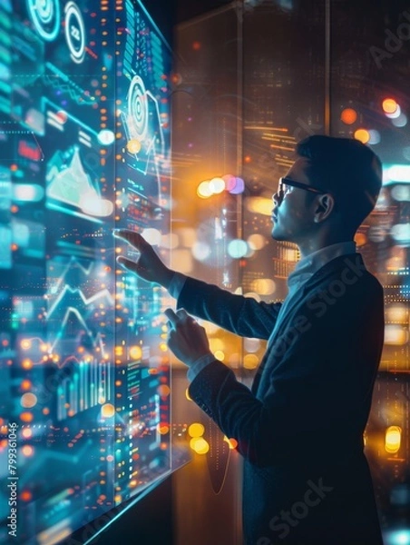 Fototapeta A sharply dressed man gestures towards virtual data screens that paint the air with glowing graphs and analytics