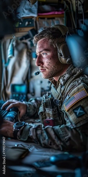 Obraz A soldier wearing headphones and a military uniform operates a computer.