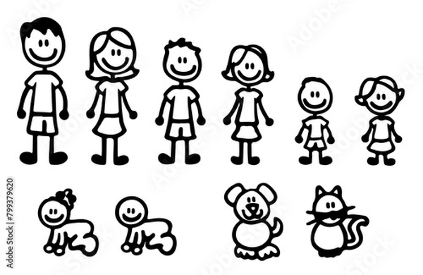 Fototapeta Set of happy cartoon doodle figure family, stick man. Stickman Illustration Featuring a Mother and Father and Kids. Vector Illustration, set of family in stick figures.