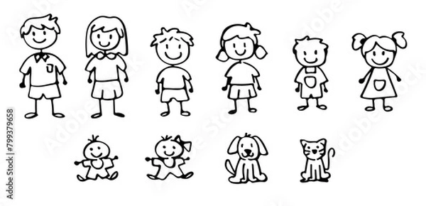 Fototapeta Set of happy cartoon doodle figure family, stick man. Stickman Illustration Featuring a Mother and Father and Kids. Vector Illustration, set of family in stick figures.