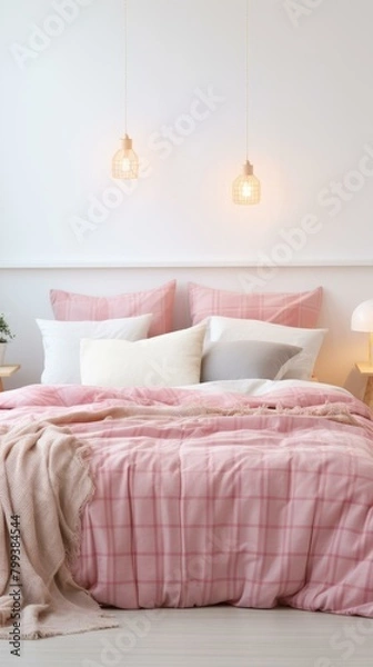 Fototapeta A cozy pink and white gingham bedding set with two hanging wicker pendant lights above the bed.