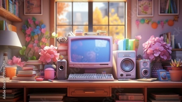 Fototapeta A Cozy Workstation with a Computer and Flowers