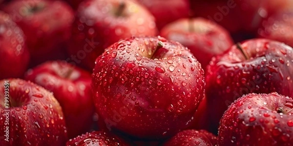 Fototapeta Close-up view of red apples covered in water droplets, focusing on their shiny, textured surfaces.