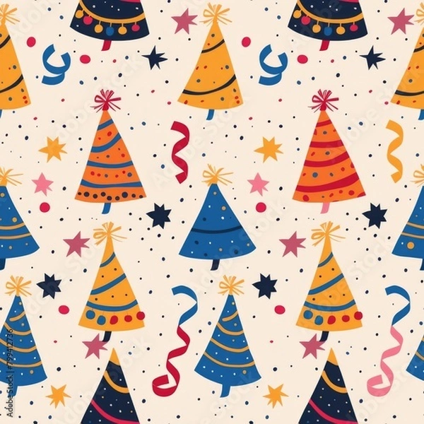 Fototapeta simple seamless New Year themed pattern, colorful party hats and streamers

