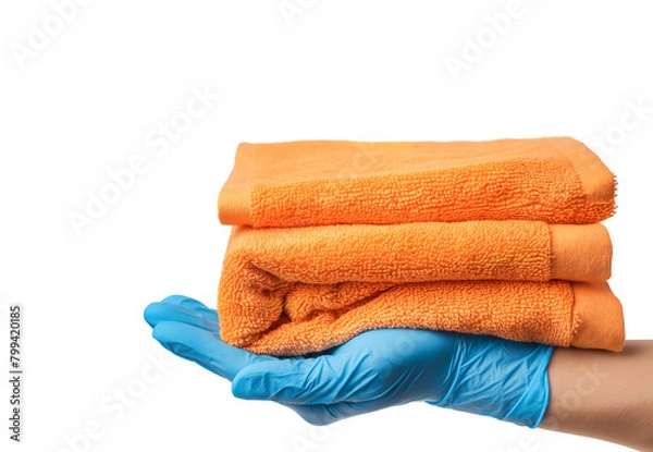 Fototapeta Hand in a blue glove with an orange towel isolated on a white background