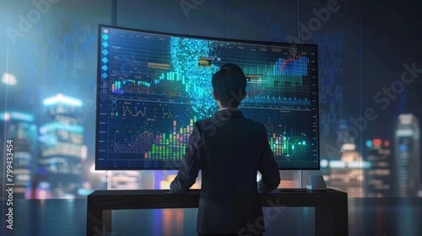 Fototapeta CuttingEdge AI Analysis Expert Engaged with Realtime Data on Vertical Monitor