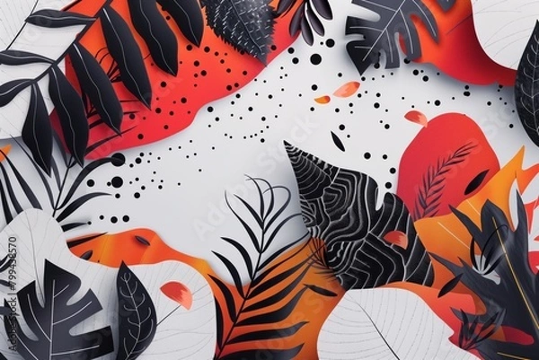 Fototapeta Paper cut tropical leaves with vibrant orange and black accents