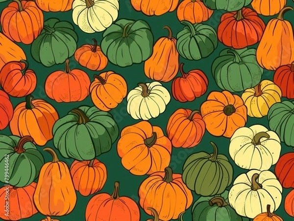 Fototapeta An autumn-themed background filled with a multitude of differently sized pumpkins in a solid formation.