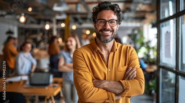 Fototapeta Entrepreneur stands proudly amid thriving business, surrounded by satisfied customers, employees, celebrating success of building enterprise from ground up.