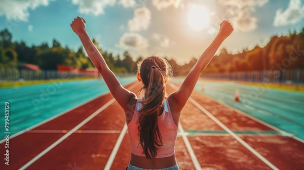 Fototapeta A triumphant athlete crossing the finish line with arms raised in victory, celebrating the culmination of years of hard work, dedication, and perseverance.