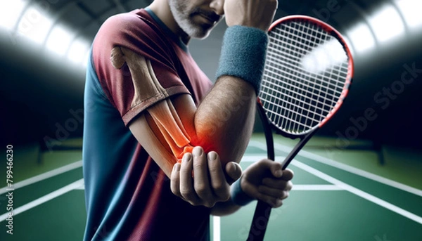 Fototapeta Man clutching elbow in pain during a tennis match, with a visual red flare indicating discomfort.
