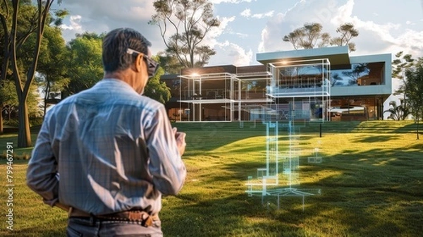 Obraz Immersive Augmented Reality Client Engaging with Architectural Designs on Property Back View