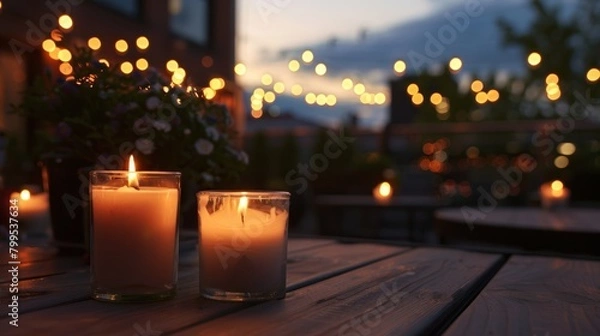 Fototapeta As the night wears on the candles continue to burn bright casting a warm and inviting atmosphere over the rooftop party. 2d flat cartoon.
