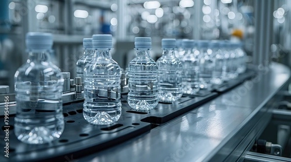 Obraz mechanics of unlabeled plastic bottles on a streamlined assembly line
