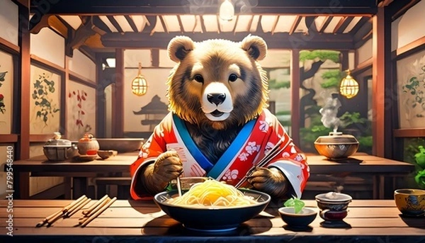 Fototapeta At one of the tables, a cute, anthropomorphic bear is seated, slurping up a steaming bowl of udon noodles