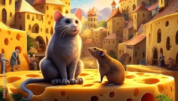 Fototapeta A charming 3D animated scene featuring a cute rat and cat sitting together in a whimsical 'Cheese Village'