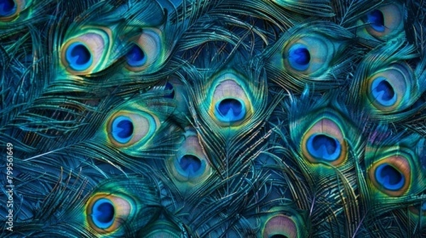 Fototapeta A close up of a peacock's feathers with a blue background
