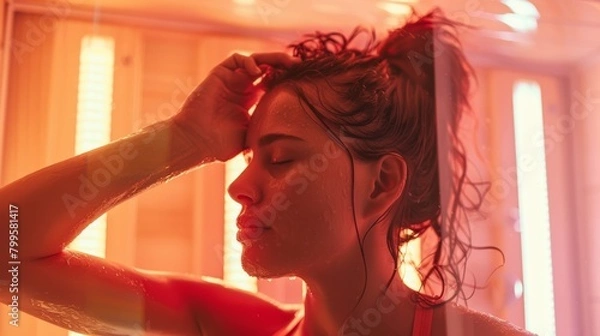 Fototapeta A woman wiping away sweat from her forehead after an intense infrared sauna session feeling refreshed and renewed..