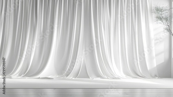Fototapeta Minimalistic background with soft light in an empty white room, featuring a large white stage curtain on the wall, embodying a minimal style.