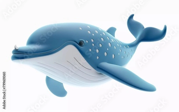 Fototapeta cute fantasy flat cartoon whale isolated on white 3d illustration