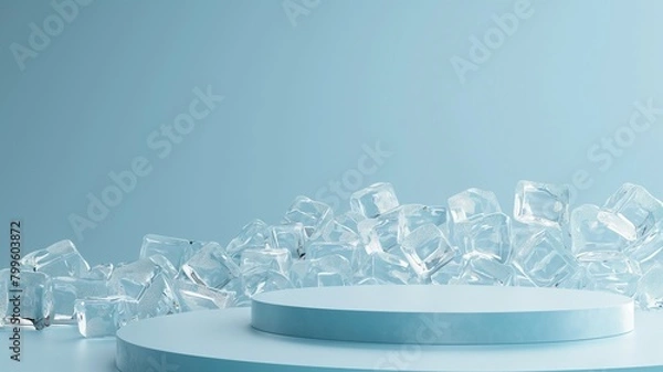 Fototapeta Podium mockup, cool ice cube summer background for product display, 3d render