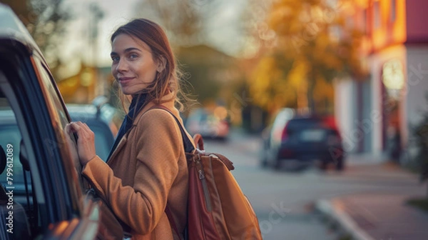 Obraz Woman getting into her car on her way home from work. Work-life balance.