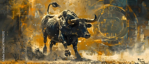 Fototapeta a moving bull with bitcoin logo as background web banner cover