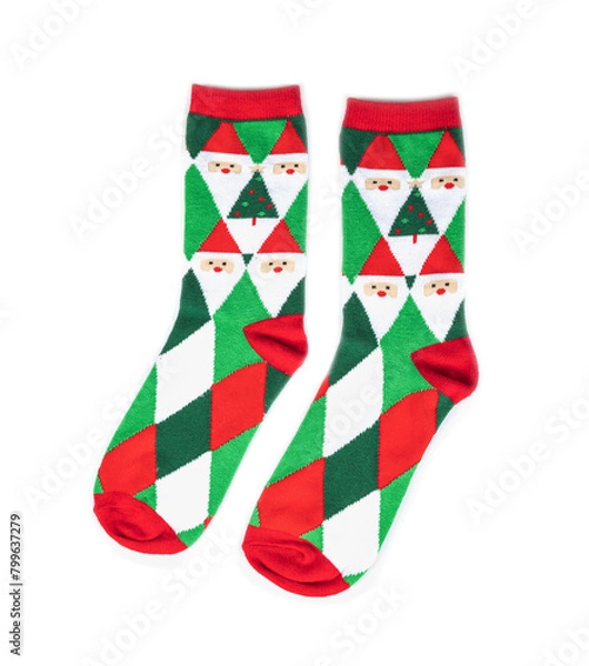 Fototapeta Red and green striped socks on white background
