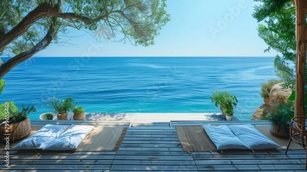Fototapeta Seaside Serenity at Wooden Oceanfront Lounge. Tranquil oceanfront wooden deck with comfy cushions invites relaxation by the sea, under the shade of verdant trees.