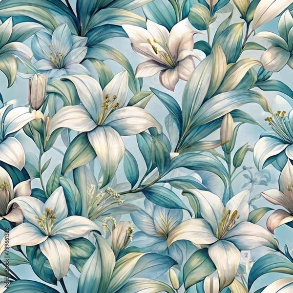 Fototapeta Seamless pattern of elegant lilies in serene watercolor tones, Generative AI