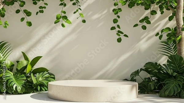 Obraz Podium mockup, natural plant leaves background for product display, 3d render