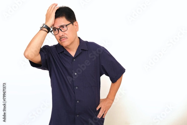 Fototapeta A middle-aged man  is standing with sad, confused expression; one hand supporting his head