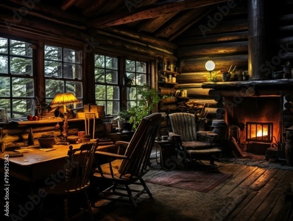 Obraz A cozy cabin in the woods with a fireplace, rocking chairs, and a table. AI.
