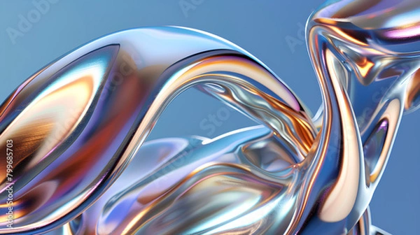 Fototapeta  Reflective Elegance, 3D Twisted Chrome Sculpture on Sky Blue Background with Copy Space