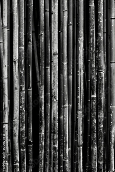 Fototapeta An artistic portrayal of a dense bamboo forest, with the slender stalks forming vertical lines that converge towards the top of the frame, in black and white tone